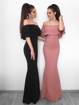 SheathOff-the-Shoulder Sleeveless Long Ruffles Stretch Crepe Prom Dress-ballbellauk