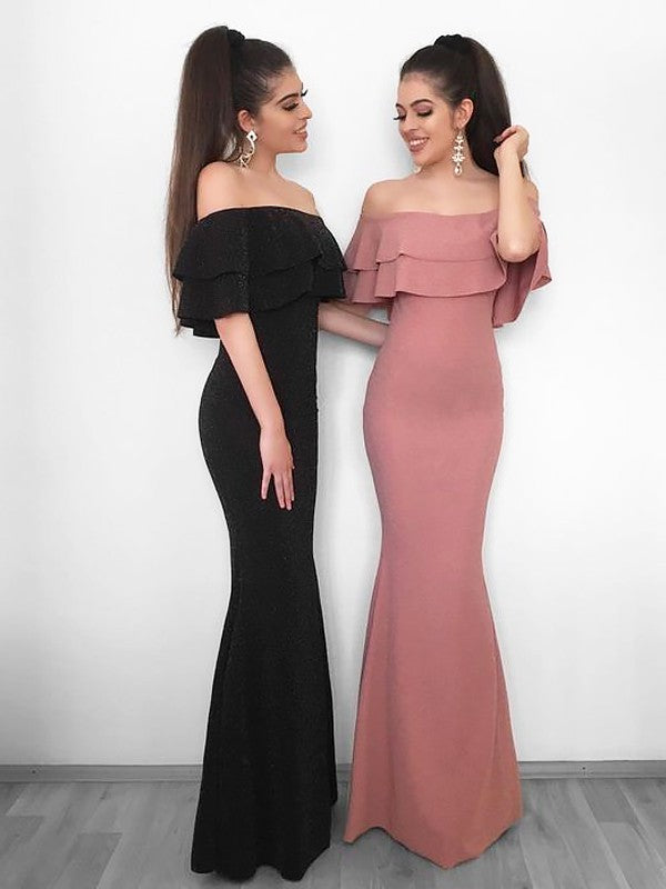 SheathOff-the-Shoulder Sleeveless Long Ruffles Stretch Crepe Prom Dress-ballbellauk