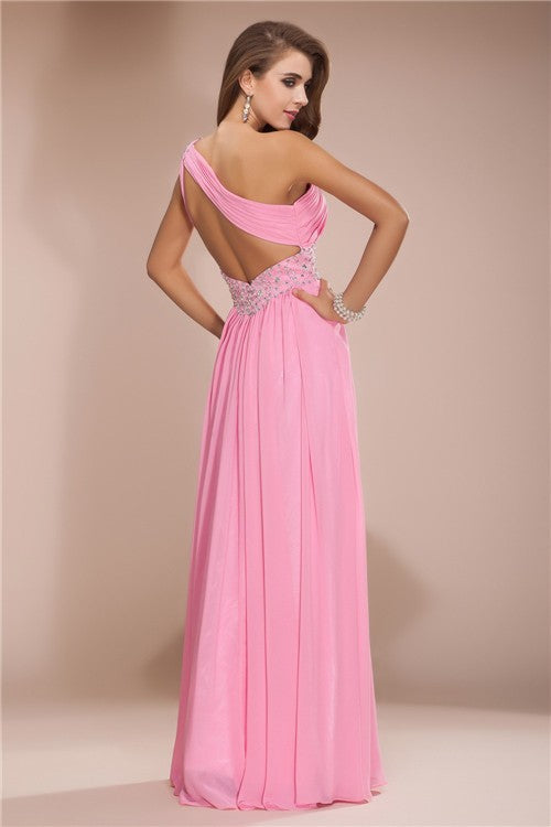 SheathOne Shoulder Beading Long Sleeveless Evening Dress Chiffon-ballbellauk