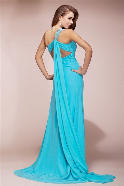 SheathOne Shoulder Beading Sleeveless Slit Long Evening Dress Chiffon-ballbellauk