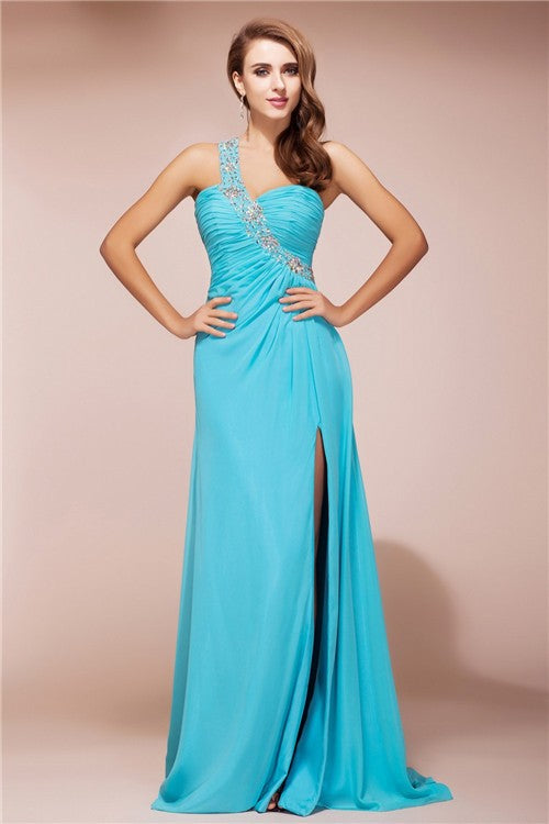 SheathOne Shoulder Beading Sleeveless Slit Long Evening Dress Chiffon-ballbellauk