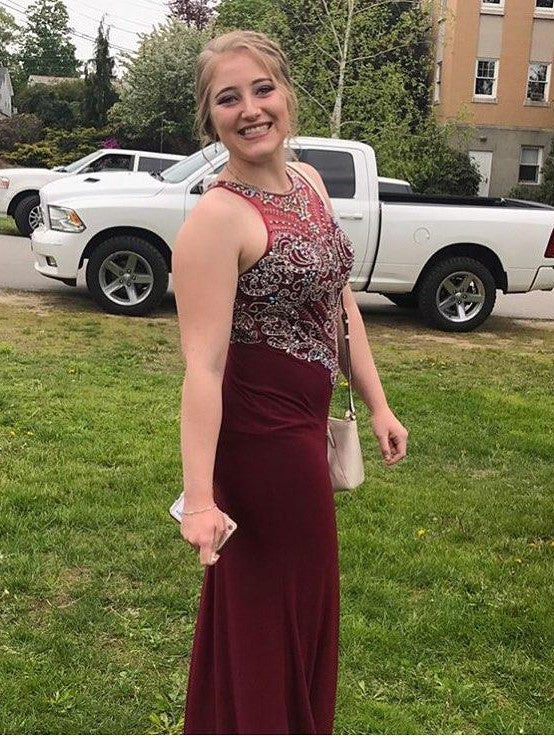 SheathSheer Neck Beading Sleeveless Long Elastic Woven Satin Plus Size Prom Dress-ballbellauk
