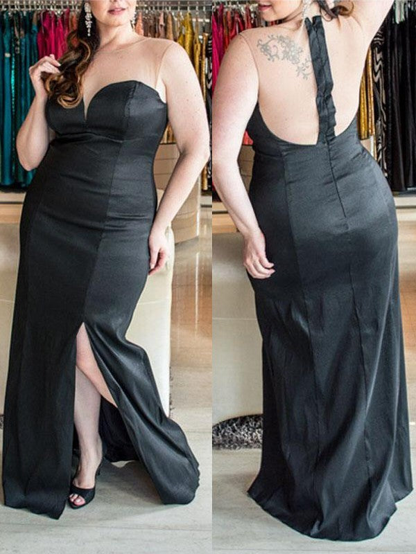 SheathSweetheart Sleeveless Ruched Long Elastic Woven Satin Plus Size Prom Dress-ballbellauk