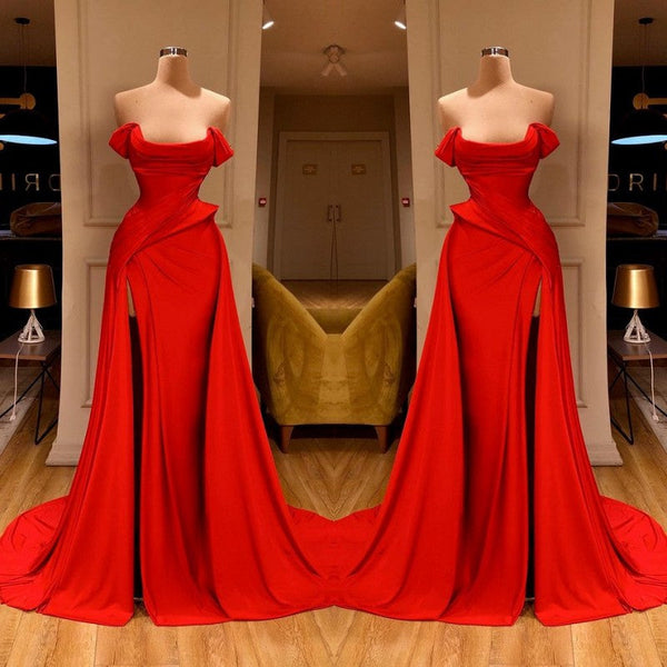 Shinning Red Long Prom Dress With Split On Sale Off-the-Shoulder-ballbellauk