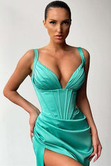 Shinning V-neck Mermaid Ruched Long Prom Dress High-split-ballbellauk
