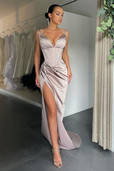 Shinning V-neck Mermaid Ruched Long Prom Dress High-split-ballbellauk