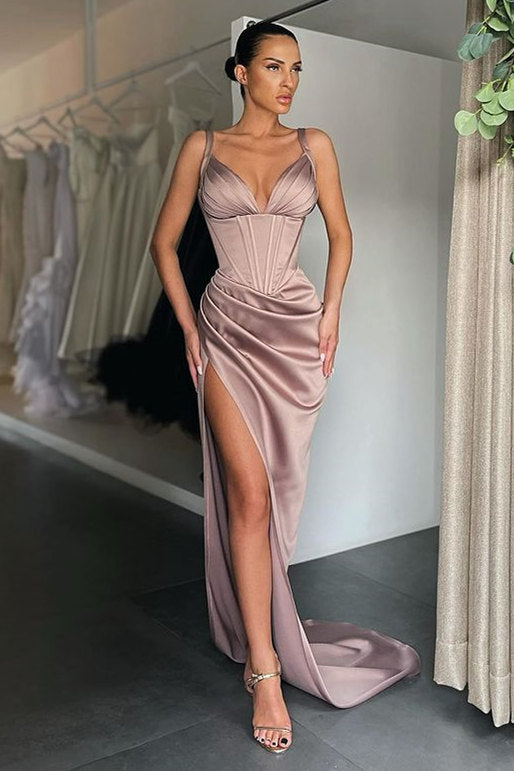 Shinning V-neck Mermaid Ruched Long Prom Dress High-split-ballbellauk
