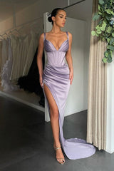 Shinning V-neck Mermaid Ruched Long Prom Dress High-split-ballbellauk