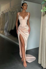 Shinning V-neck Mermaid Ruched Long Prom Dress High-split-ballbellauk