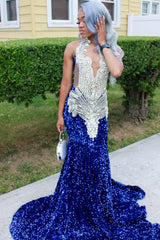 Silver Beaded Royal Blue Court Train Mermaid Sequin Long Prom Dresses-Ballbella
