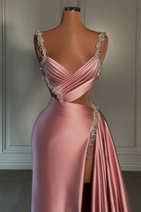 Silver Beaded Straps Shiny Pink Satin High Split Prom Dresses-Ballbella