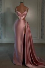 Silver Beaded Straps Shiny Pink Satin High Split Prom Dresses-Ballbella