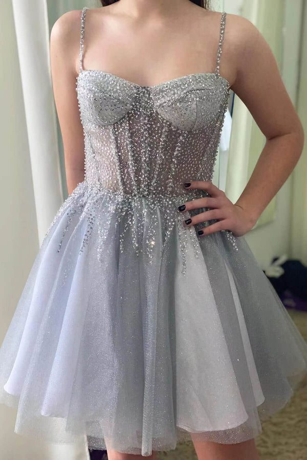 Silver Gray Short Tulle Prom Dress UK with Sequins-ballbellauk