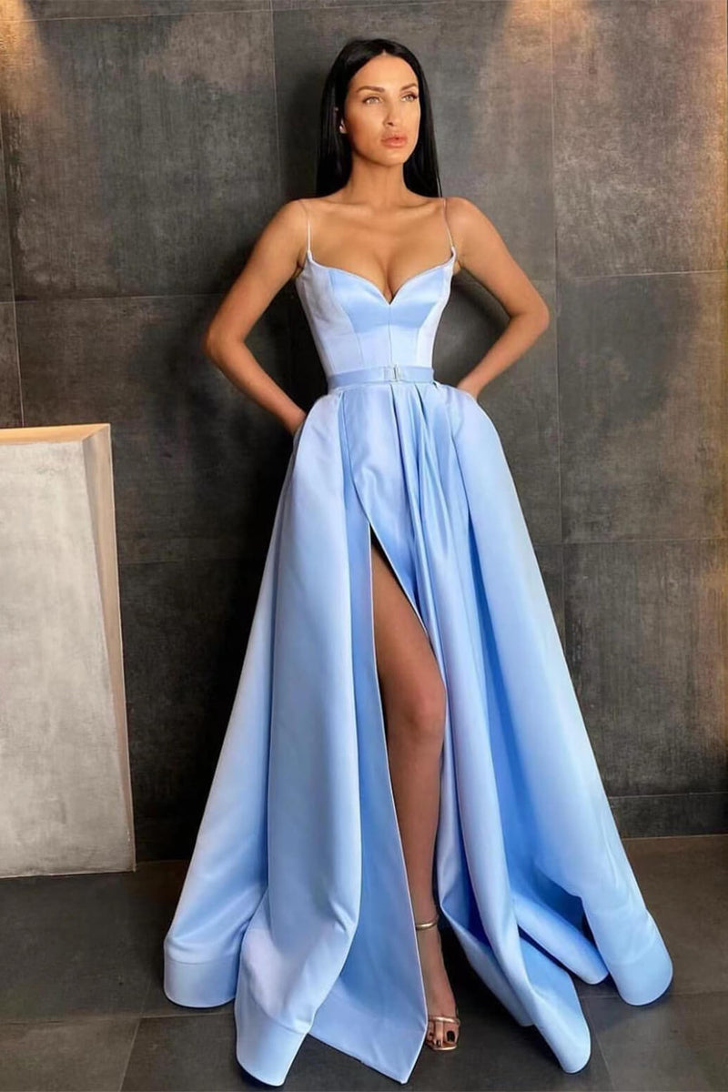Sky Blue A-Line Prom Dress UK with Split Spaghetti Straps and Pockets-ballbellauk
