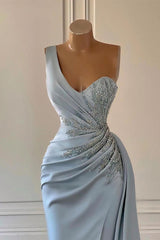 Sky Blue Luxury One-Shoulder Prom Dress UK with Mermaid Split and Ruffles-ballbellauk