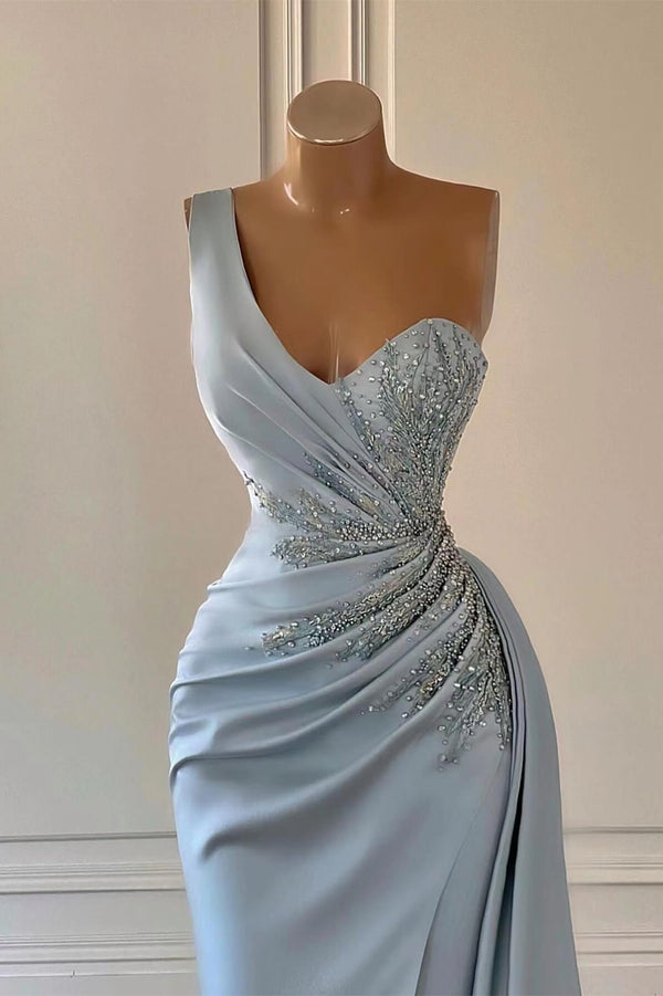 Sky Blue Luxury One-Shoulder Prom Dress UK with Mermaid Split and Ruffles-ballbellauk