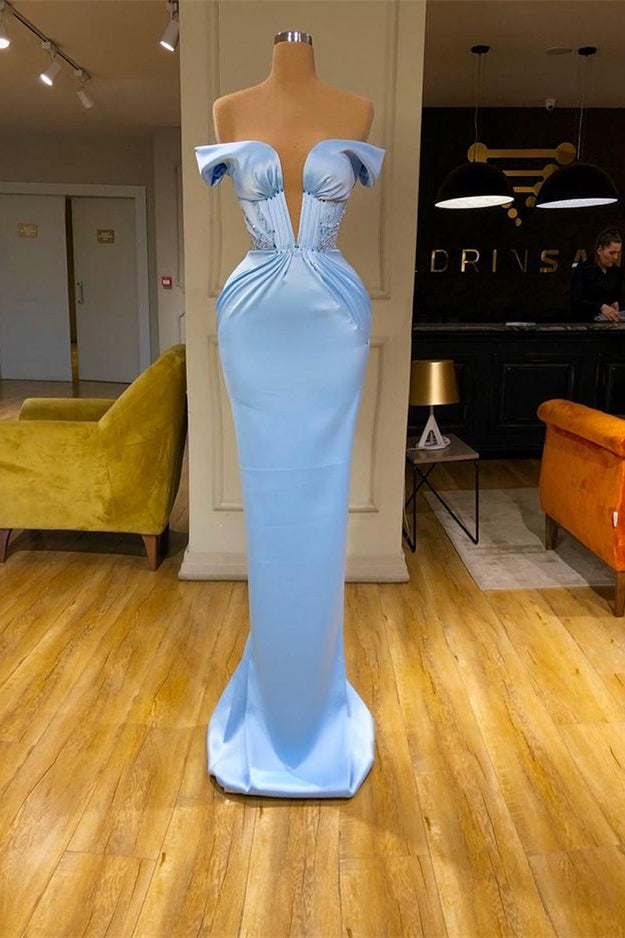 Sky Blue Mermaid V-Neck Off-The-Shoulder Prom Dress UK Online-ballbellauk