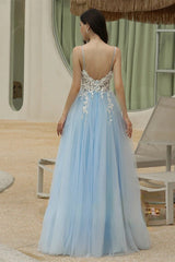 Sky Blue Sweetheart V-Neck Spaghetti-Straps Long Prom Dress UK-ballbellauk