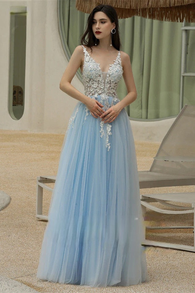 Sky Blue Sweetheart V-Neck Spaghetti-Straps Long Prom Dress UK-ballbellauk
