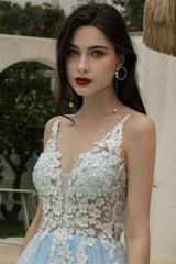 Sky Blue Sweetheart V-Neck Spaghetti-Straps Long Prom Dress UK-ballbellauk