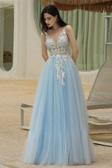 Sky Blue Sweetheart V-Neck Spaghetti-Straps Long Prom Dress UK-ballbellauk