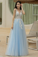 Sky Blue Sweetheart V-Neck Spaghetti-Straps Long Prom Dress UK-ballbellauk
