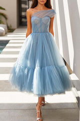 Sky Blue Tulle Prom Dress Tea-Length One Shoulder-ballbellauk