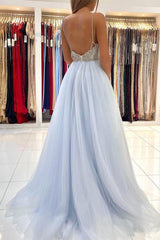 Sky Blue Tulle Prom Dress UK With Beads and Spaghetti-Straps-ballbellauk