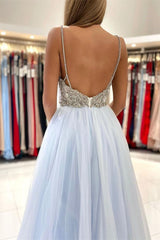Sky Blue Tulle Prom Dress UK With Beads and Spaghetti-Straps-ballbellauk