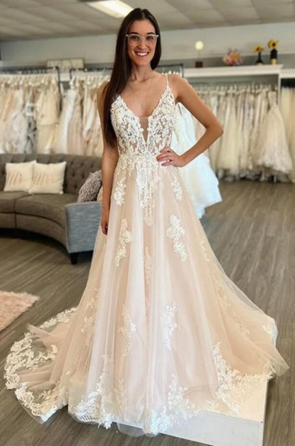 Sleeveless A-Line Long Spaghetti Straps Wedding Dresses-ballbellauk