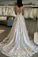 Sleeveless A-Line Long Spaghetti Straps Wedding Dresses-ballbellauk