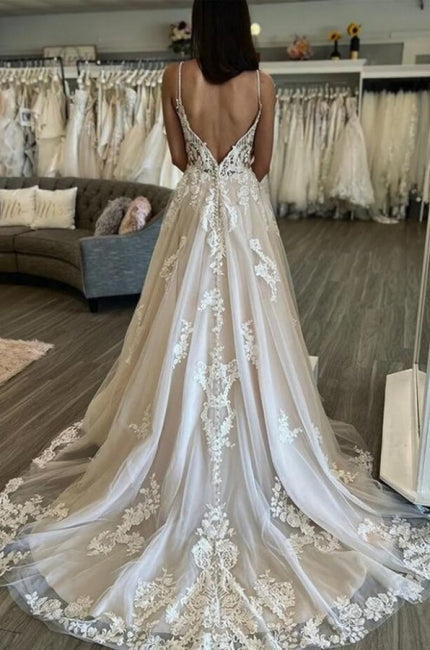 Sleeveless A-Line Long Spaghetti Straps Wedding Dresses-ballbellauk