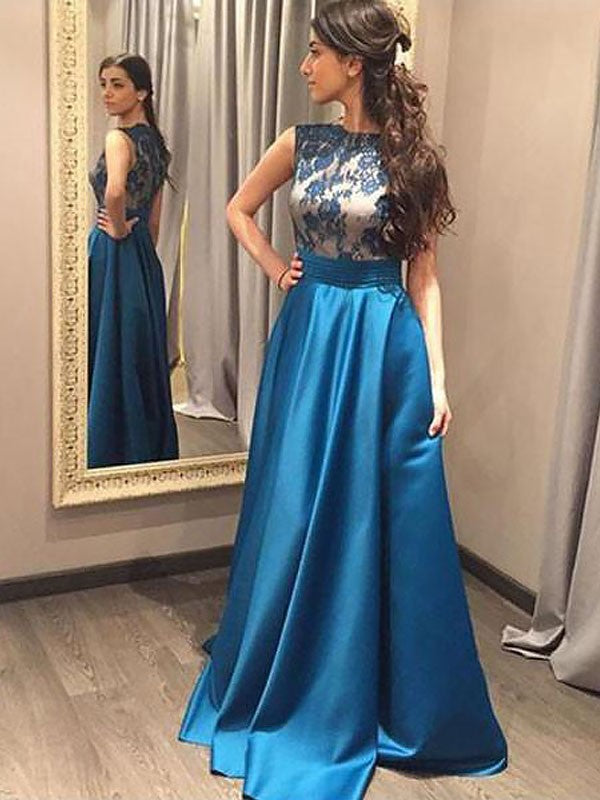 Sleeveless Amazing Bateau Satin Lace Long Prom Dress-ballbellauk