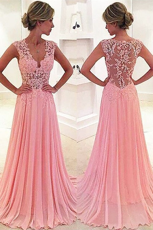 Sleeveless Amazing Chiffon Lace V-neck Prom Dress-ballbellauk