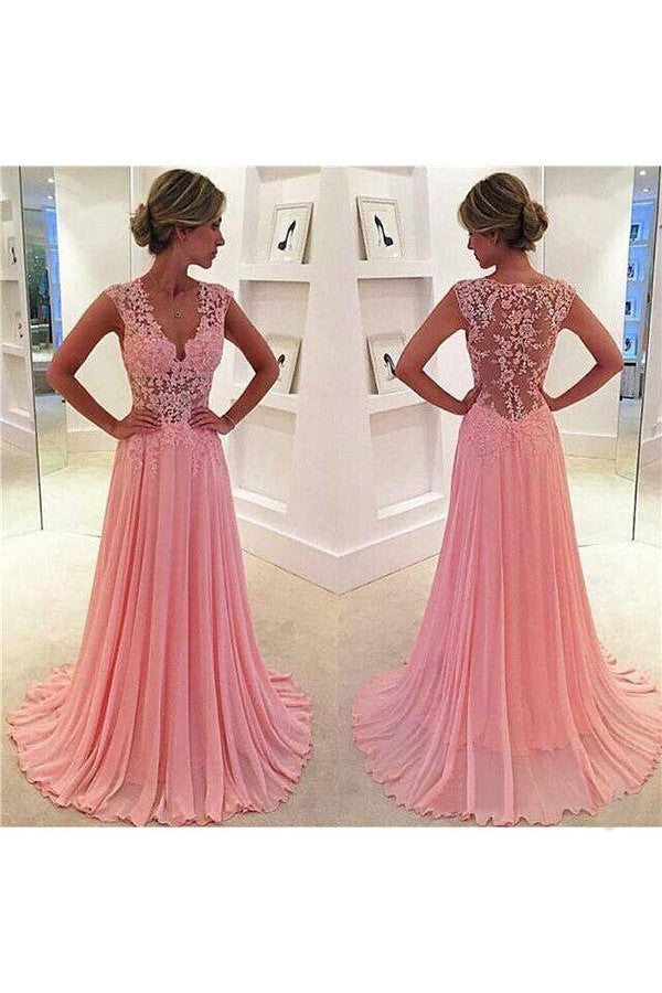 Sleeveless Amazing Chiffon Lace V-neck Prom Dress-ballbellauk