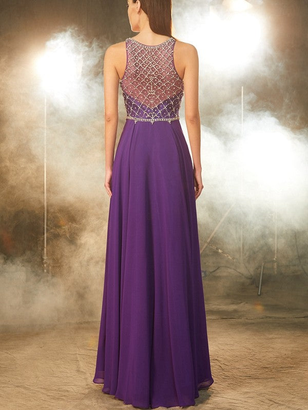 Sleeveless Amazing Chiffon Scoop Crystal Long Prom Dress-ballbellauk