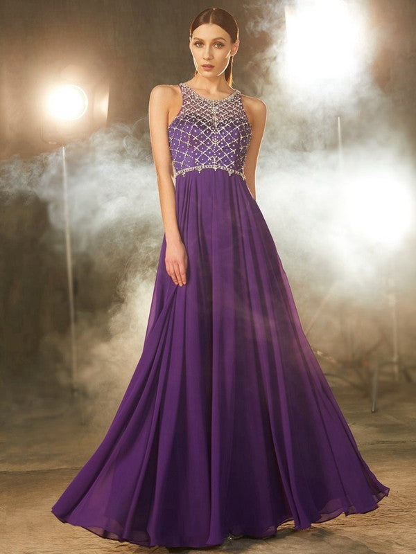 Sleeveless Amazing Chiffon Scoop Crystal Long Prom Dress-ballbellauk