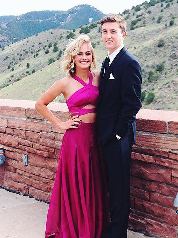 Sleeveless Amazing Halter Chiffon Ruched Long Two Piece Prom Dress-ballbellauk