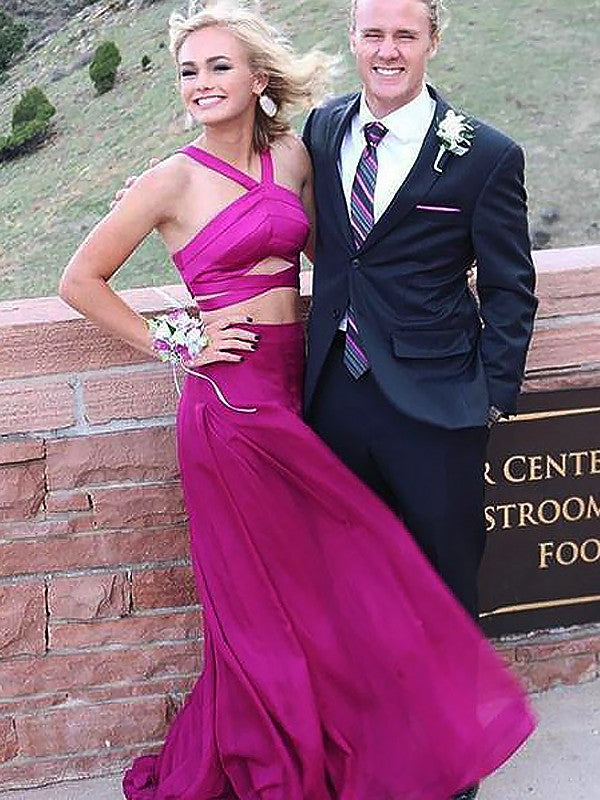 Sleeveless Amazing Halter Chiffon Ruched Long Two Piece Prom Dress-ballbellauk