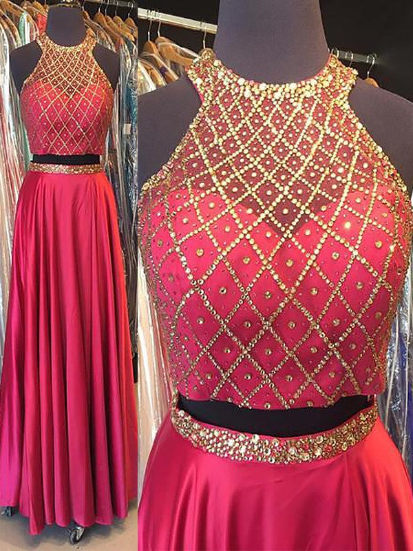 Sleeveless Amazing Halter Elastic Woven Satin Beading Long Two Piece Prom Dress-ballbellauk