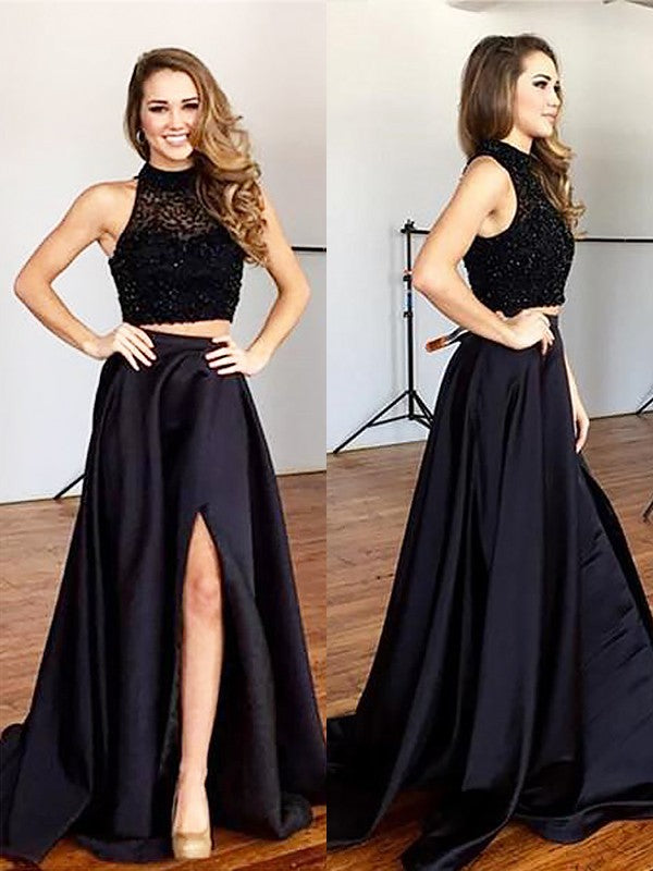 Sleeveless Amazing Halter Satin Beading Two Piece Prom Dress-ballbellauk