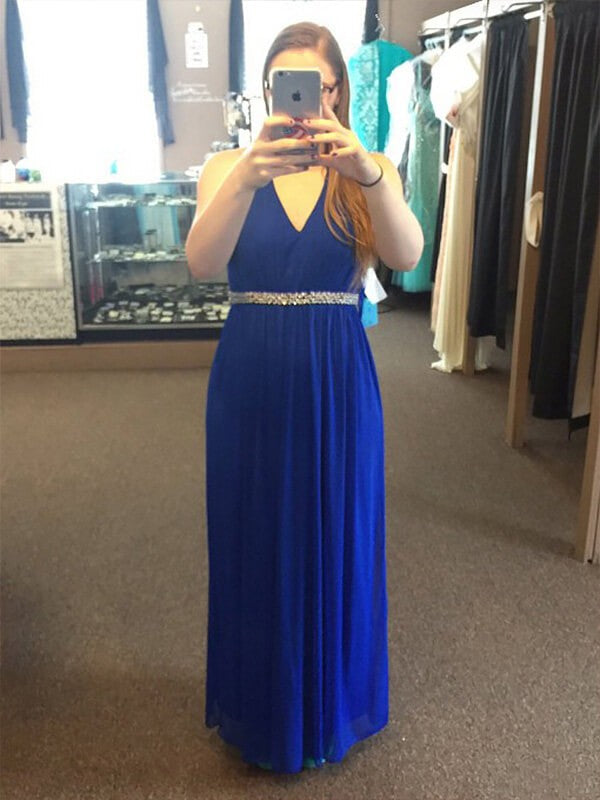 Sleeveless Amazing Long V-neck Chiffon Beading Plus Size Prom Dress-ballbellauk