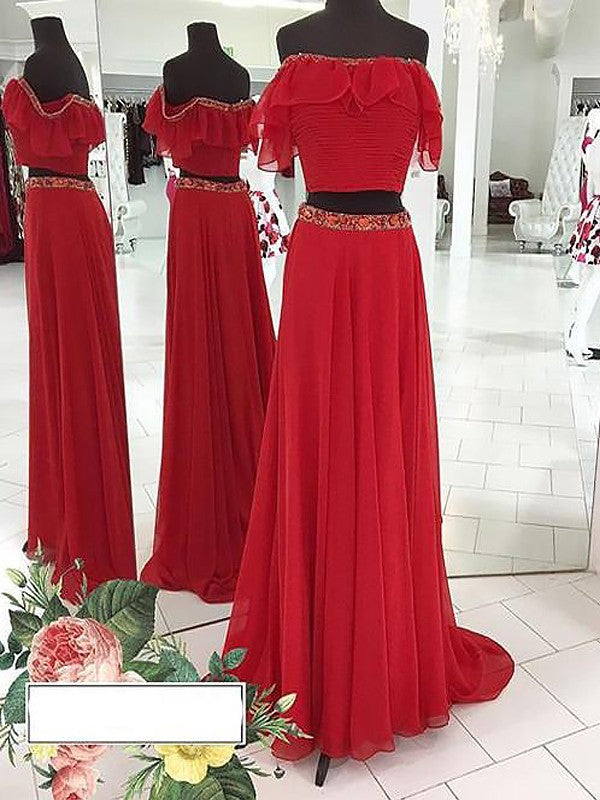 Sleeveless Amazing Off-the-Shoulder Chiffon Beading Long Two Piece Prom Dress-ballbellauk