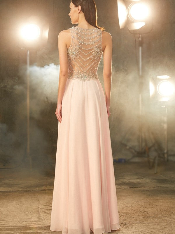 Sleeveless Amazing Scoop Chiffon Crystal Long Prom Dress-ballbellauk