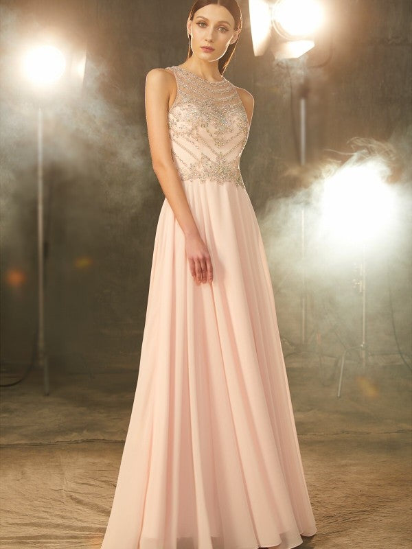 Sleeveless Amazing Scoop Chiffon Crystal Long Prom Dress-ballbellauk