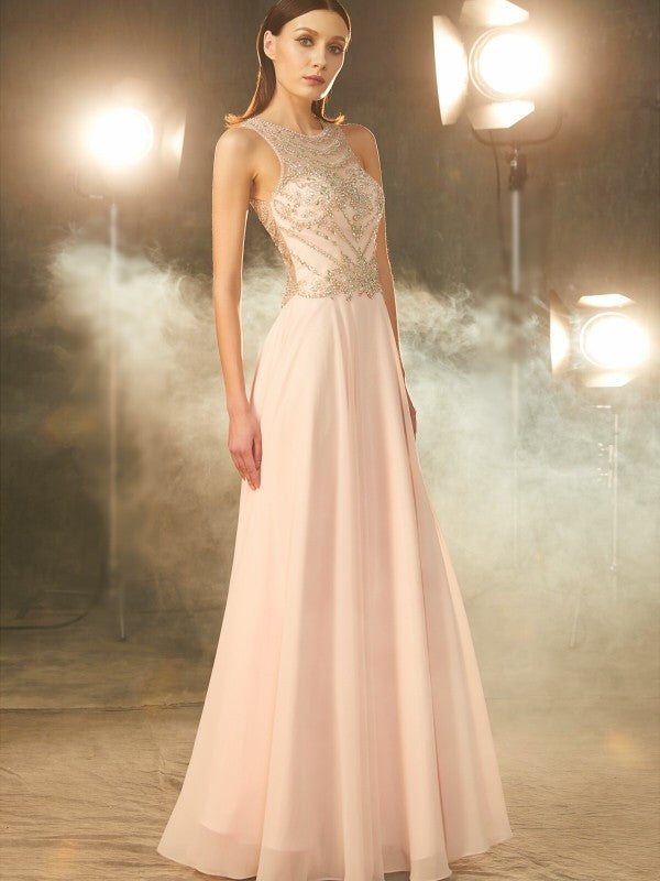 Sleeveless Amazing Scoop Chiffon Crystal Long Prom Dress-ballbellauk