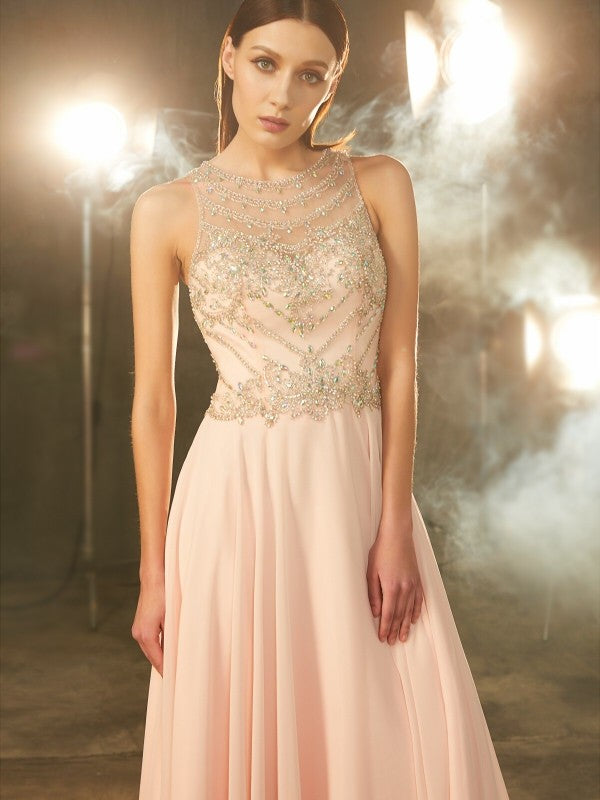Sleeveless Amazing Scoop Chiffon Crystal Long Prom Dress-ballbellauk