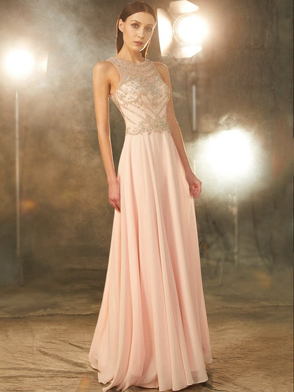 Sleeveless Amazing Scoop Chiffon Crystal Long Prom Dress-ballbellauk