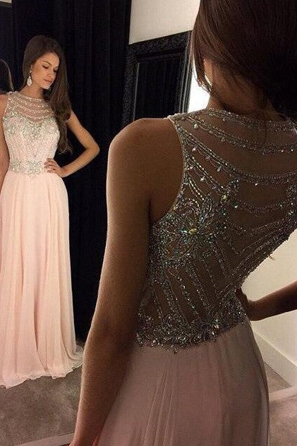 Sleeveless Amazing Scoop Chiffon Crystal Long Prom Dress-ballbellauk