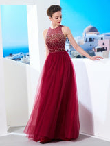 Sleeveless Amazing Scoop Long Beading Tulle Prom Dress-ballbellauk